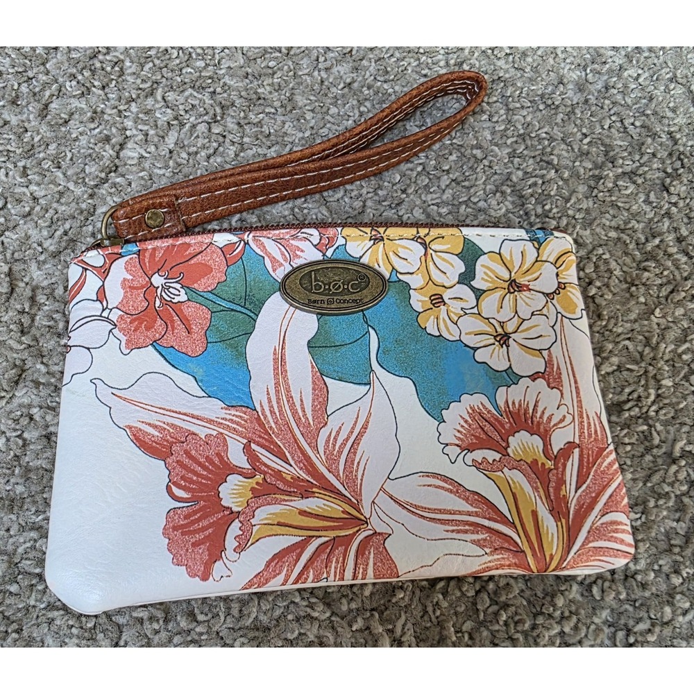 B.O.C. Born Concept Floral Wristlet Pouch Cream Tropical Lily Hibiscus Wallet